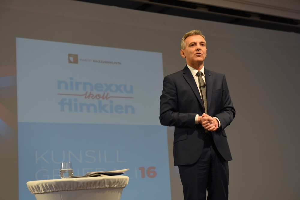 Simon Busuttil presents the PN's new policy document on retail outlets. Photo: James Bianchi